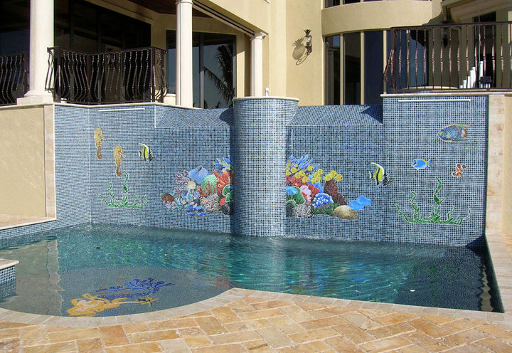 Reef Scene Glass Pool Mosaic on Raised Wall