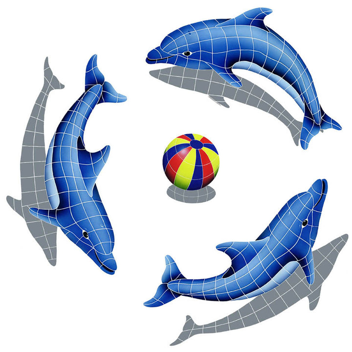 Dolphin Group with Multi Color Beach Ball Shadow Swimming Pool Mosaics
