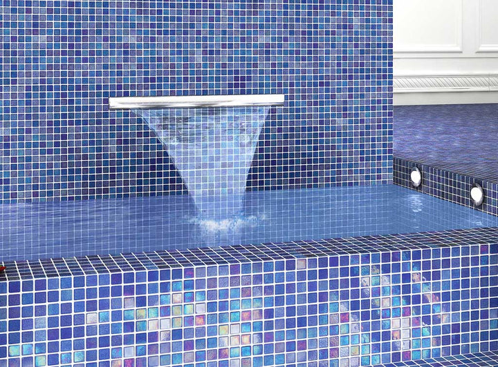 Blossom Dark Blue Iridescent 1x1 Glass Tile on Fountain