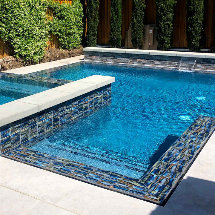 Blue Brown Shore Line 6x6 Porcelain Tile Installed on Spa and Pool