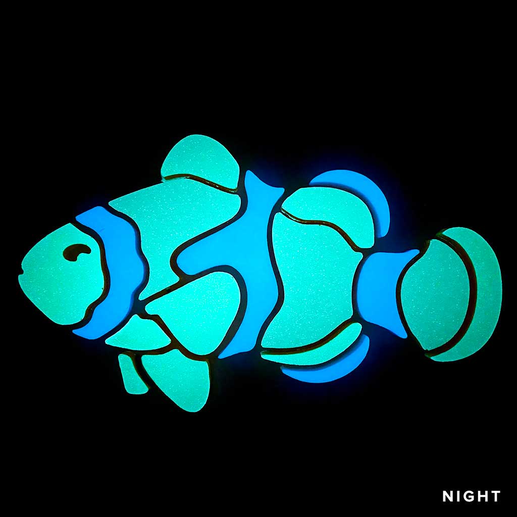 Blue Clownfish Facing Left Nighttime Glow in the Dark Mosaics
