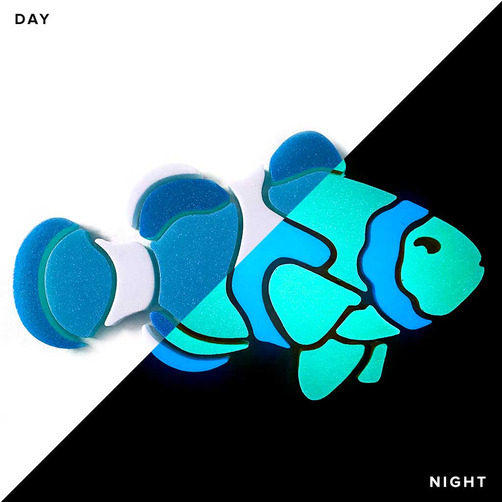 Blue Clownfish Facing Right Daytime Night Time Glow in the Dark Mosaics