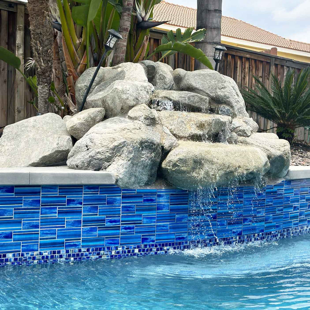 Blue Skyline Linear Porcelain Tile on Pool Wall