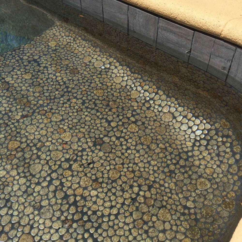 Bronze Pebble Stone Porcelain Pool Tile Installed Entry Way
