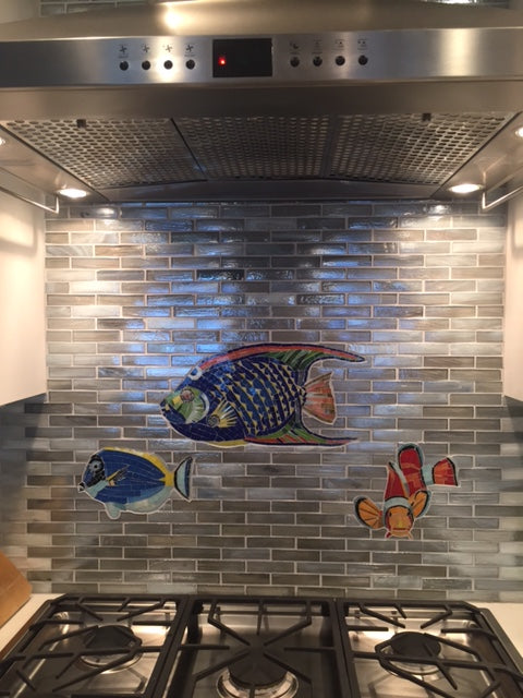 Clown Fish Glass Pool Mosaic on Kitchen Backsplash Wall