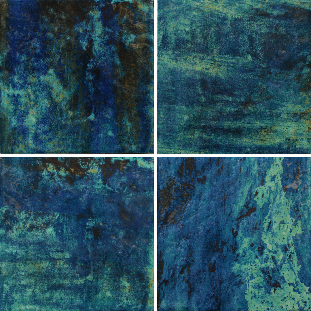 6x6 Aquatica Coral II porcelain pool tile featuring blue and green ocean-inspired color variation with a textured, natural stone-like finish suitable for pool and spa applications