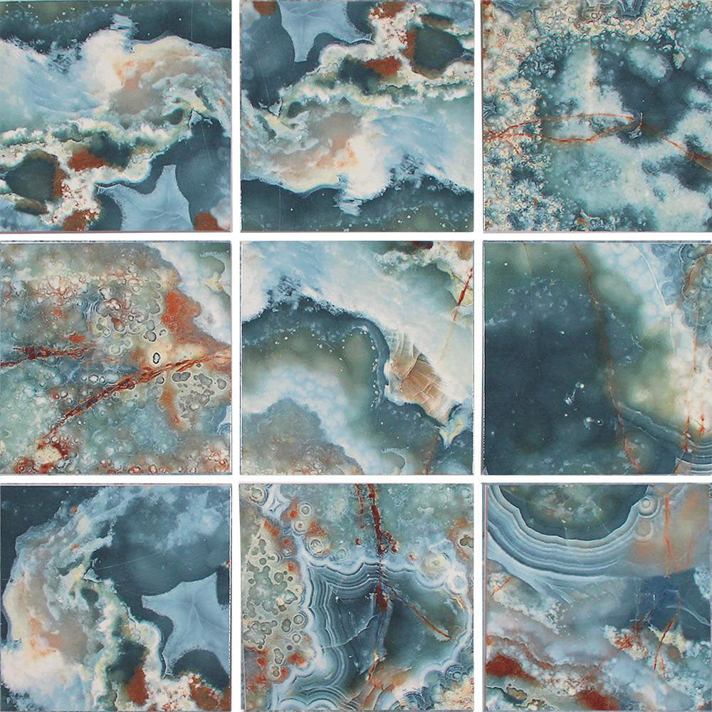 Nine square tiles with a marbled pattern in blue, gray, and orange.