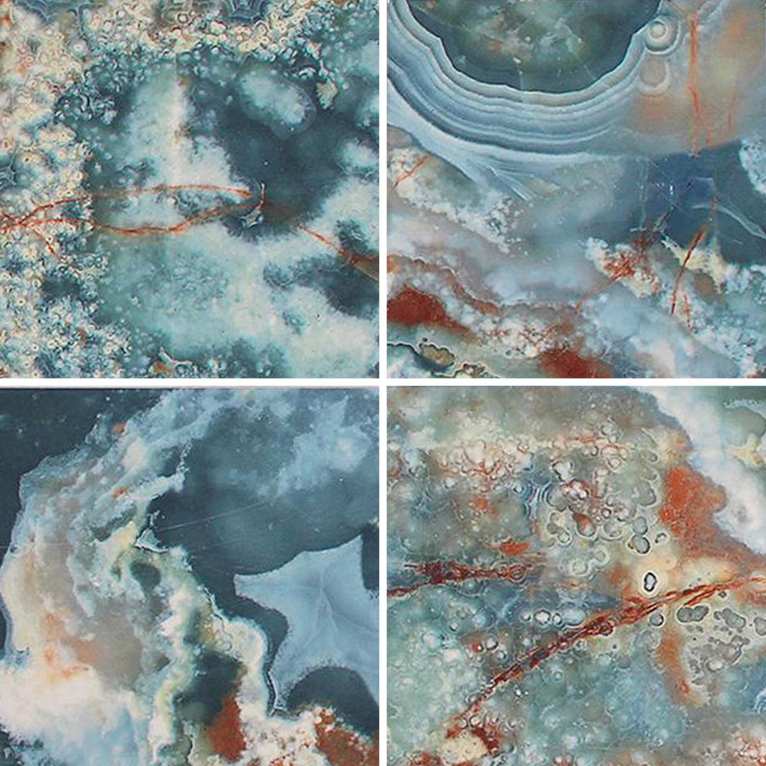 6x6 Aquatica Cross Series porcelain pool tile with aqua blue and gray tones, layered mineral pattern, and warm rust accents for pools and spas