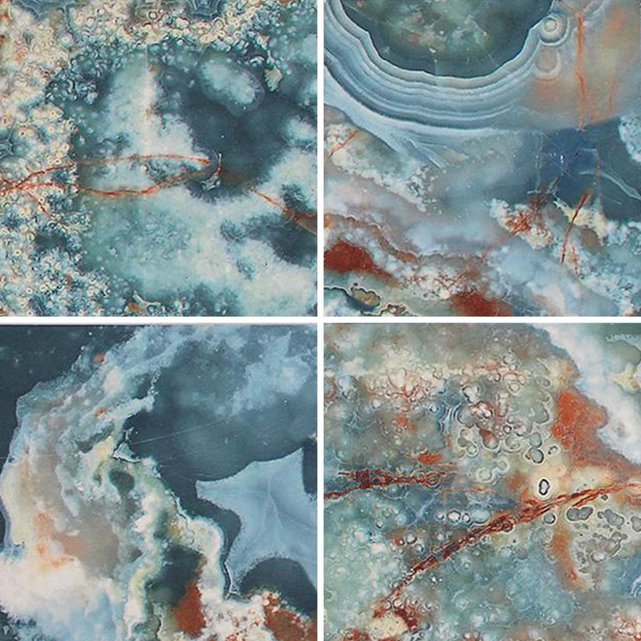 6x6 Aquatica Cross Series porcelain pool tile with aqua blue and gray tones, layered mineral pattern, and warm rust accents for pools and spas