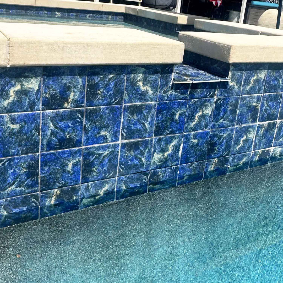 Deep Blue Ocean 6x6 Porcelain Pool Tile Raised Wall and Spa