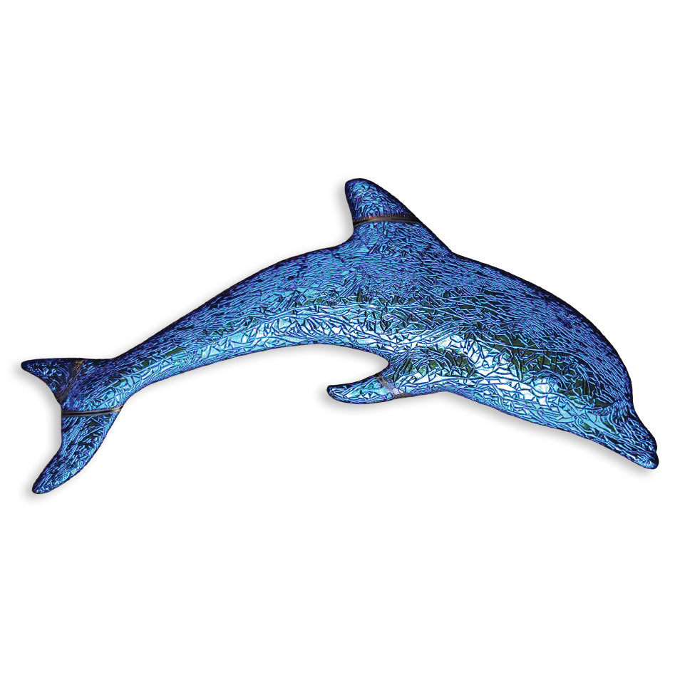 Decorative blue dolphin wall art on a white background