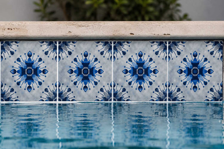 Doris Cayman Blue 6x6 Glossy Porcelain Tile Installed on Pool Waterline