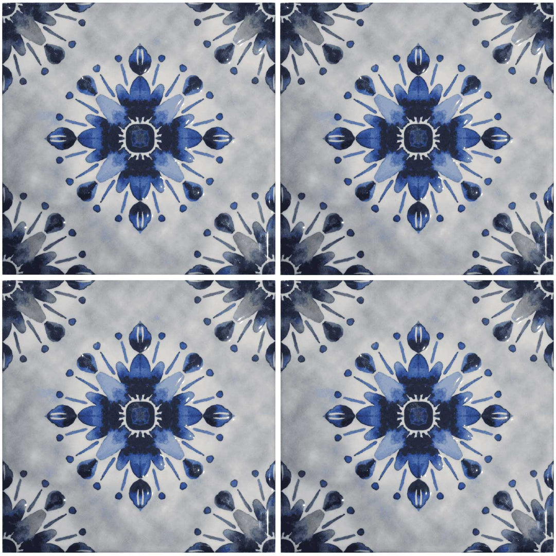 Pattern of blue floral designs on a gray background