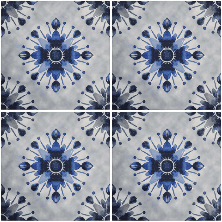 Pattern of blue floral designs on a gray background