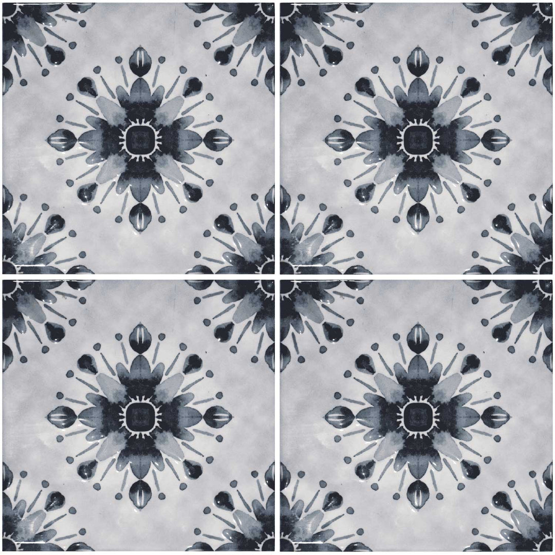 Patterned tiles with black floral design on a gray background
