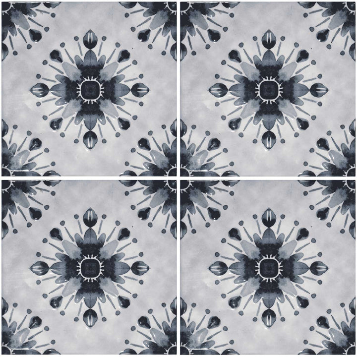 Patterned tiles with black floral design on a gray background