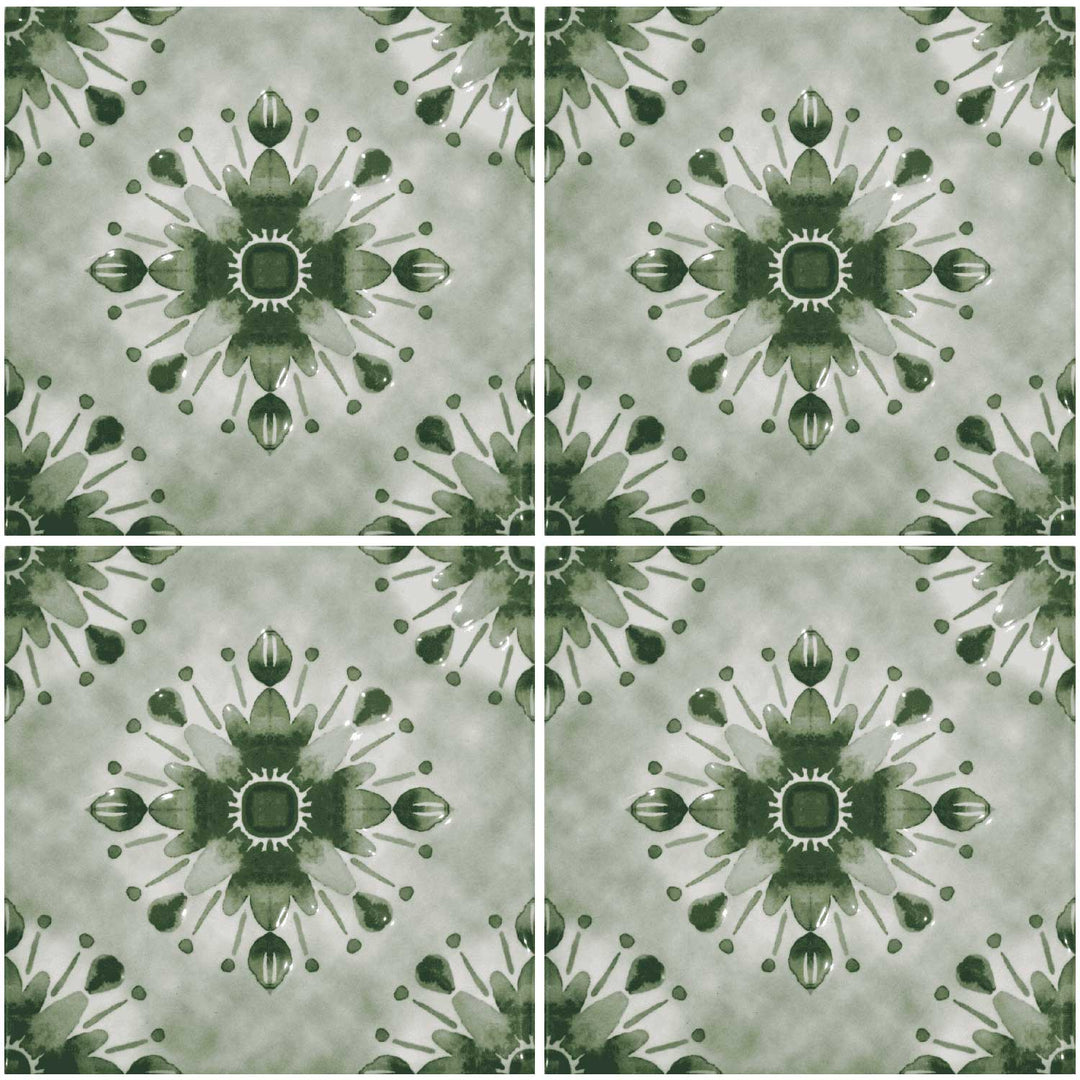 Green and white patterned tiles with a central design