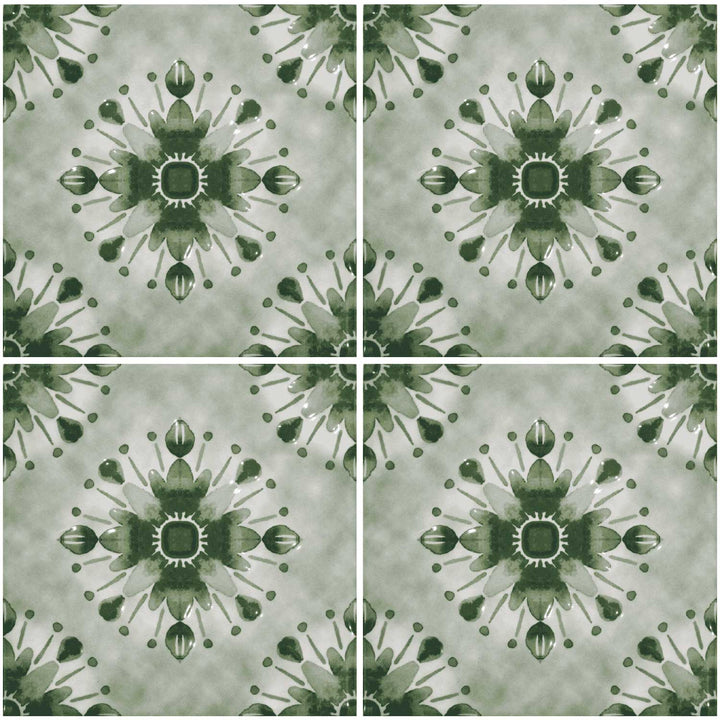 Green and white patterned tiles with a central design