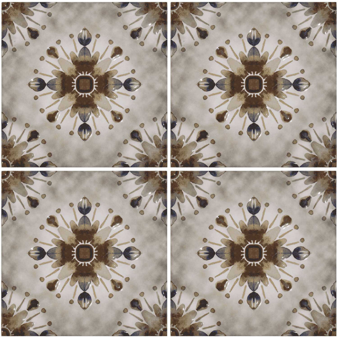 Decorative tile with a central floral pattern on a beige background
