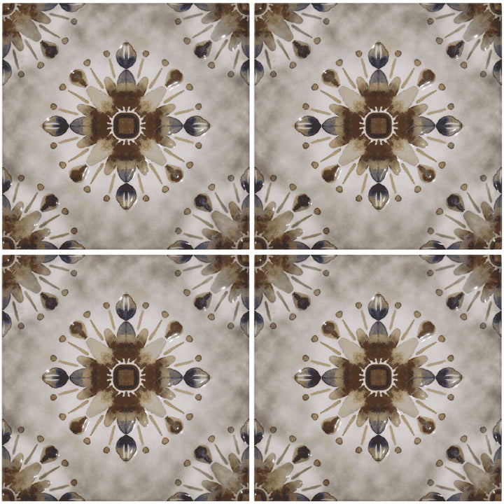 Decorative tile with a central floral pattern on a beige background