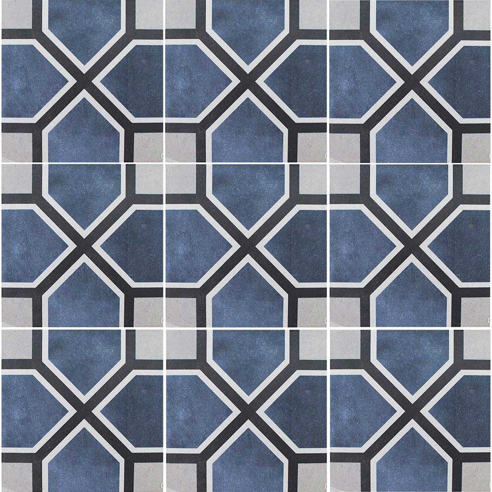 Geometric tile pattern with blue, gray, and black colors.