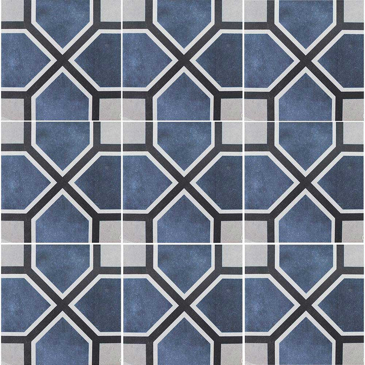 Geometric tile pattern with blue, gray, and black colors.