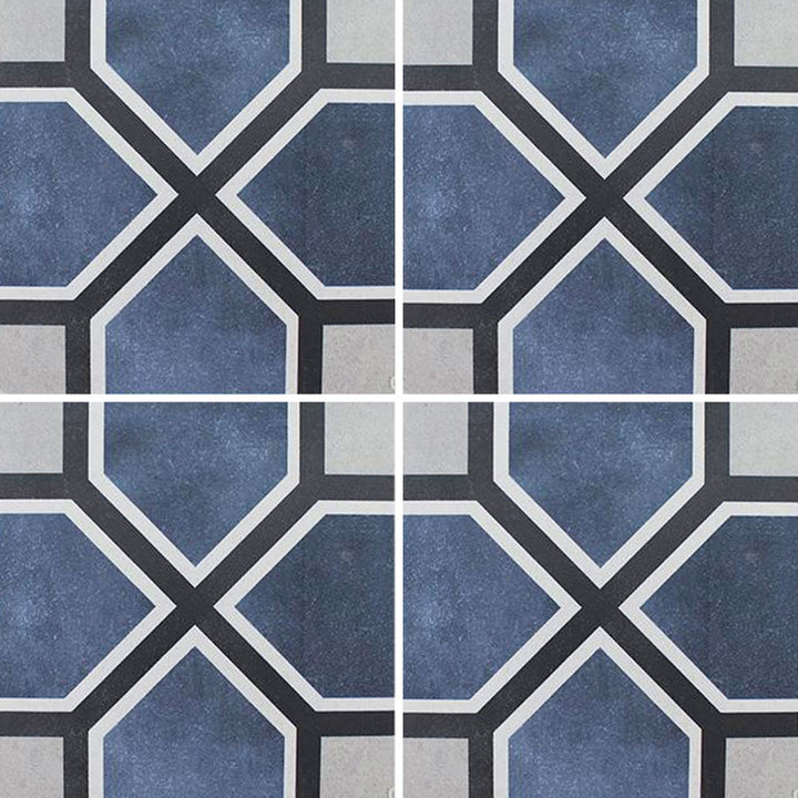 Aquatica Fleur Series 6x6 porcelain pool tile with a blue geometric pattern, white accents, and dark intersecting lines, shown in a repeating layout.