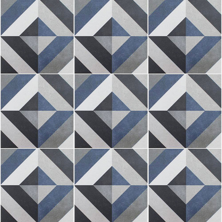 Geometric pattern of triangles in blue, gray, and black on a matching background