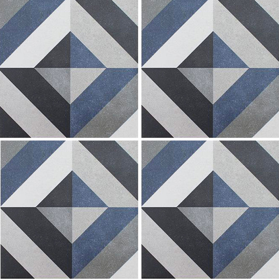 Aquatica Fleur Series 6x6 porcelain pool tile featuring a geometric diamond pattern in blue, gray, white, and charcoal tones, shown in a repeating layout.