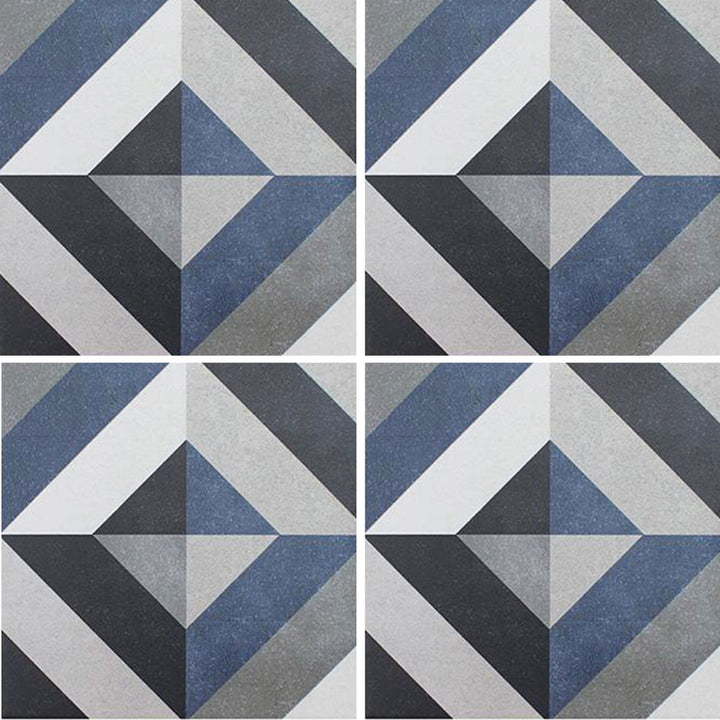 Aquatica Fleur Series 6x6 porcelain pool tile featuring a geometric diamond pattern in blue, gray, white, and charcoal tones, shown in a repeating layout.