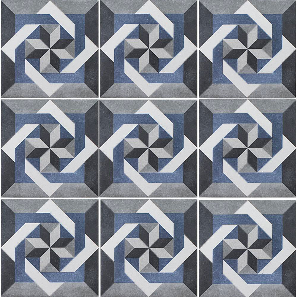 Patterned tiles with geometric design in blue, gray, and white.