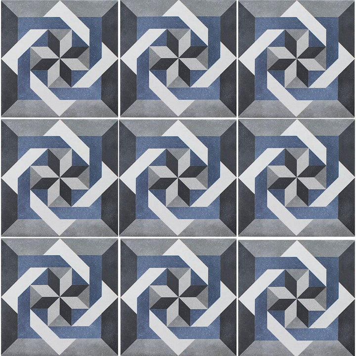 Patterned tiles with geometric design in blue, gray, and white.