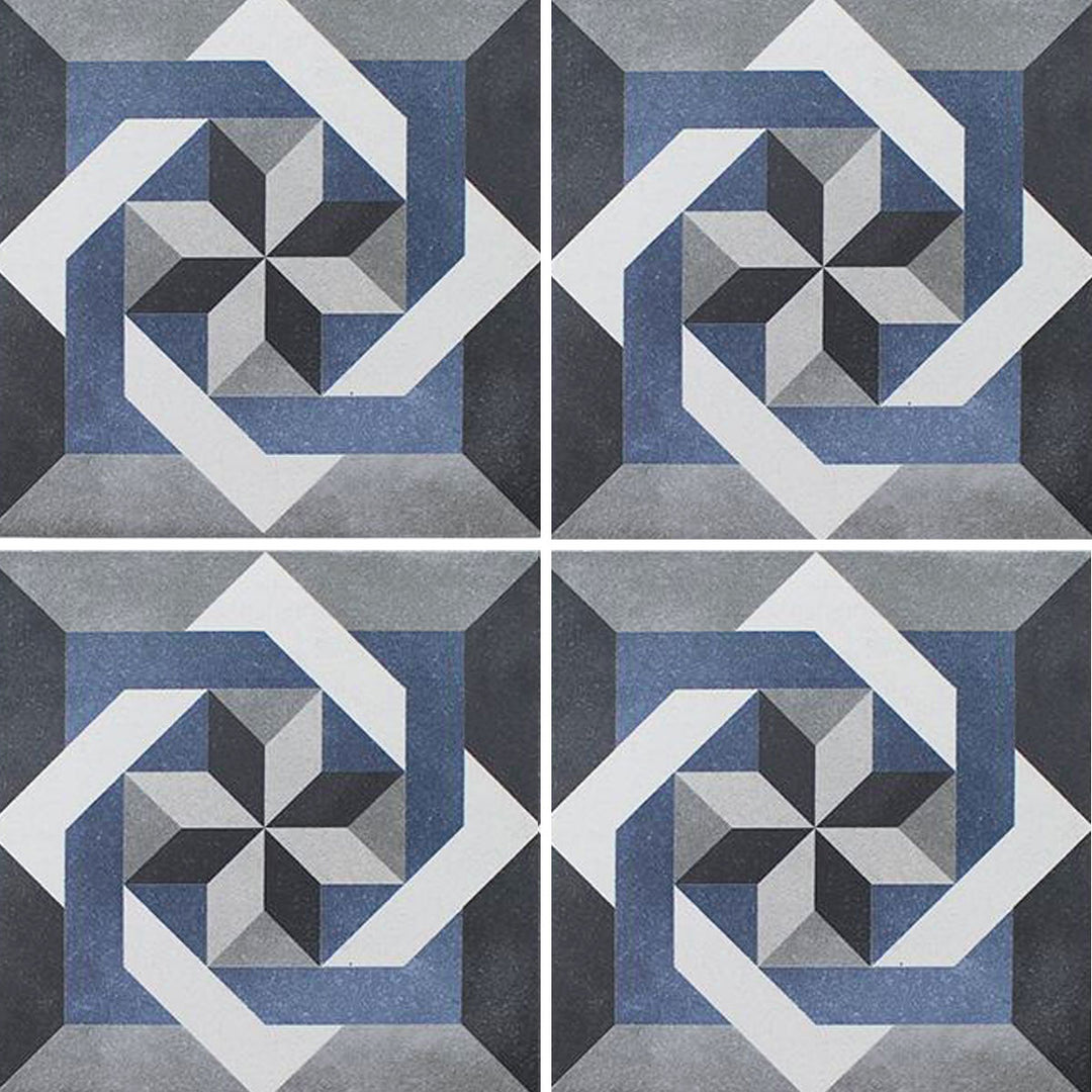 Aquatica Fleur Series 6x6 porcelain pool tile with an intricate geometric pattern in blue, gray, white, and charcoal tones, displayed in a repeating layout.