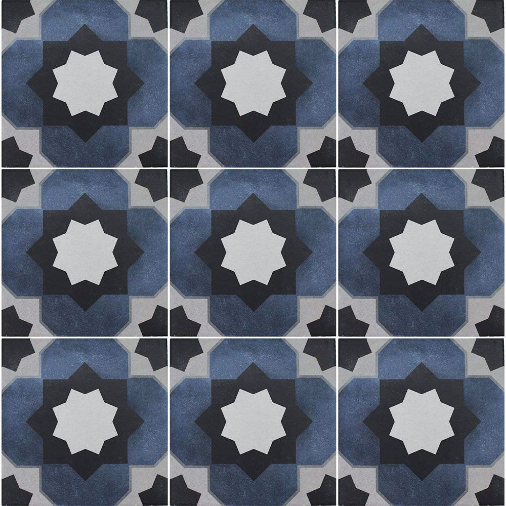 Patterned tiles with star design in blue, black, and white.
