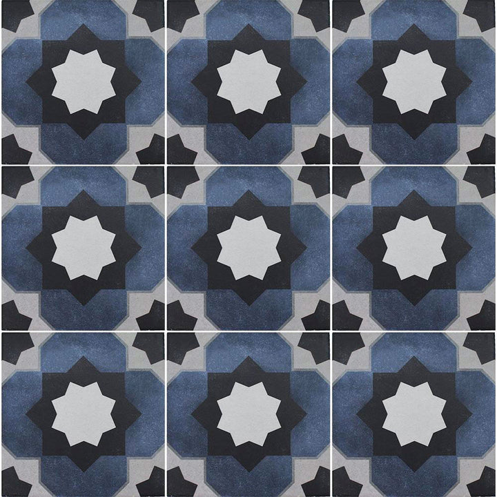 Patterned tiles with star design in blue, black, and white.