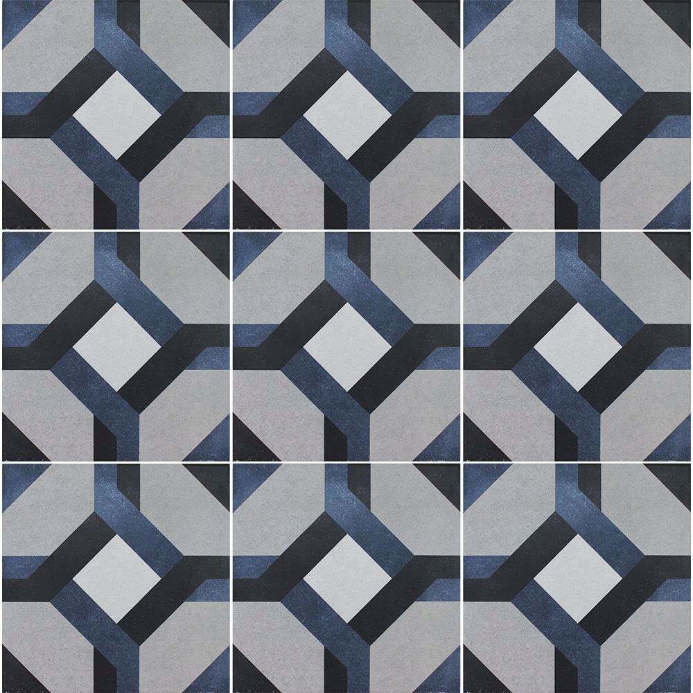 Geometric patterned tiles in blue, gray, and black.