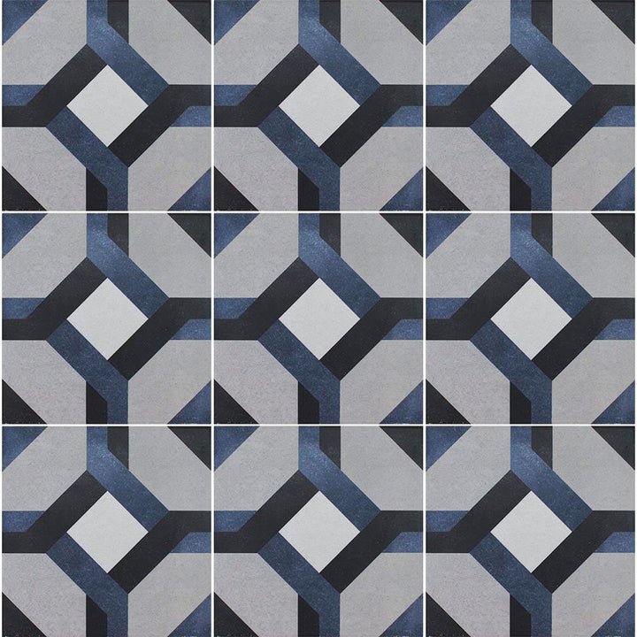 Geometric patterned tiles in blue, gray, and black.