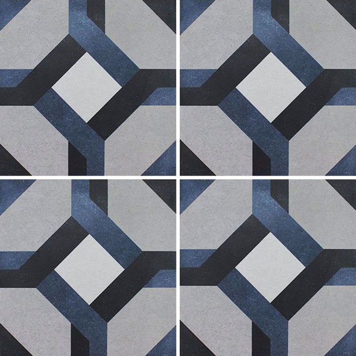 Aquatica Fleur Series 6x6 porcelain pool tile with a geometric interlocking pattern in blue, gray, white, and charcoal tones, shown in a repeating layout.