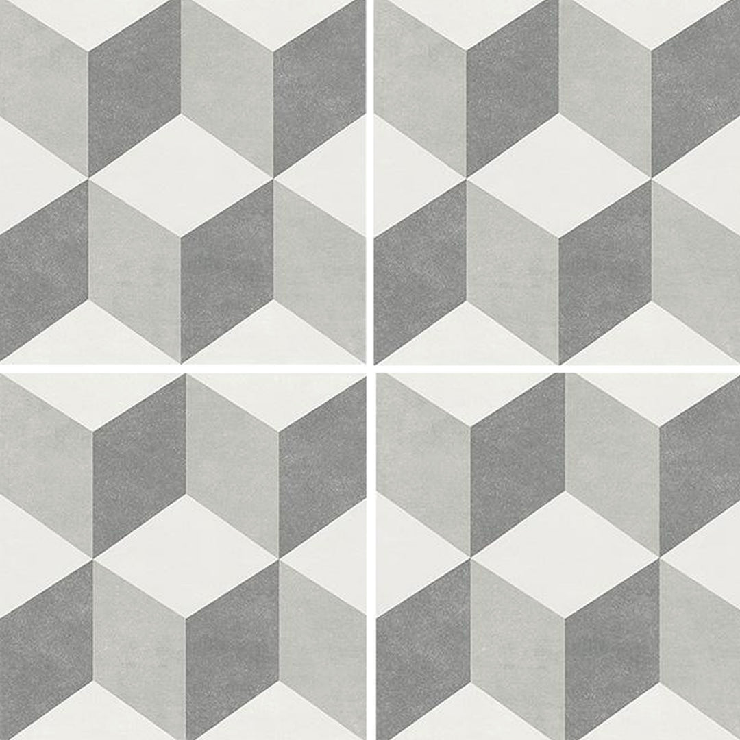 6x6 Aquatica Flore Series porcelain pool tile with geometric cube pattern in white and gray tones for modern pools and spas
