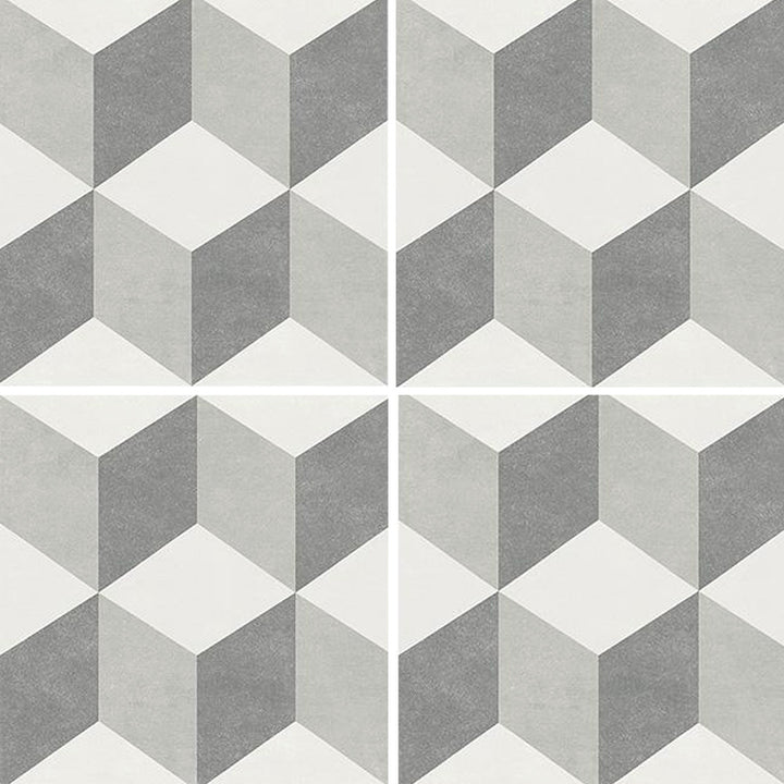 6x6 Aquatica Flore Series porcelain pool tile with geometric cube pattern in white and gray tones for modern pools and spas

