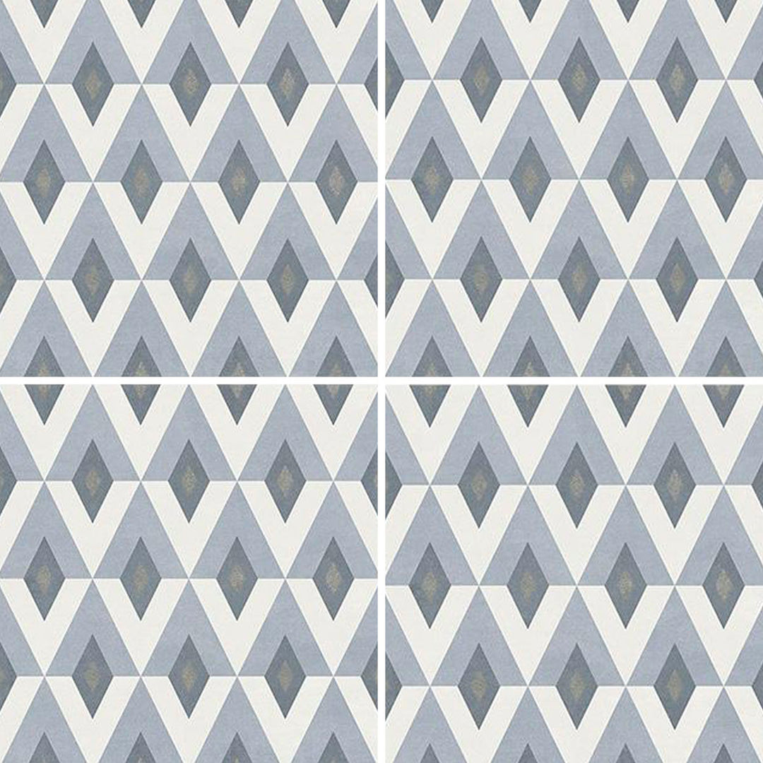 6x6 Aquatica Flore Series porcelain pool tile with geometric diamond and chevron pattern in soft blue, white, and gray tones for pools and spas