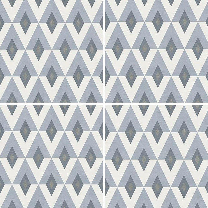 6x6 Aquatica Flore Series porcelain pool tile with geometric diamond and chevron pattern in soft blue, white, and gray tones for pools and spas