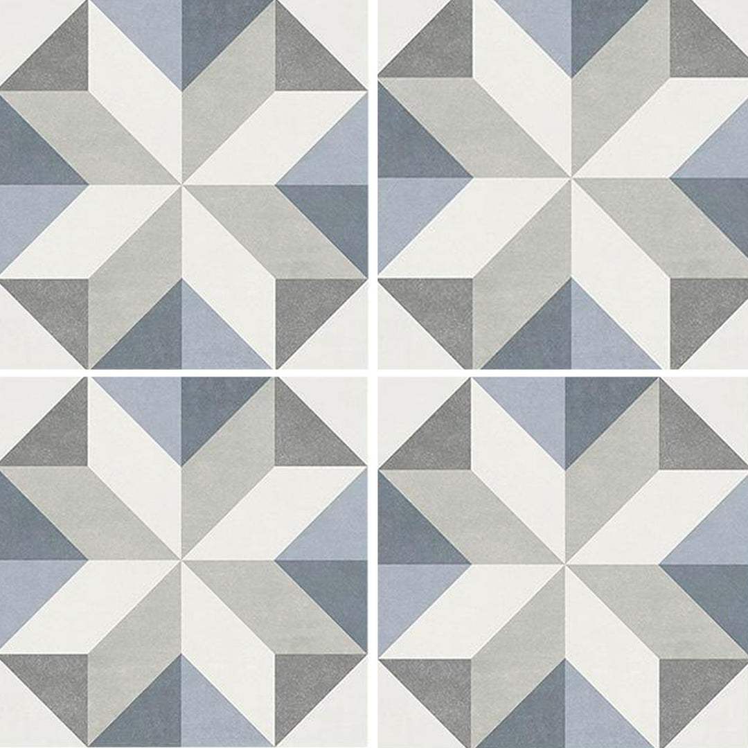 6x6 Aquatica Flore Series porcelain pool tile with geometric star pattern in soft blue, white, and gray tones for modern pools and spas