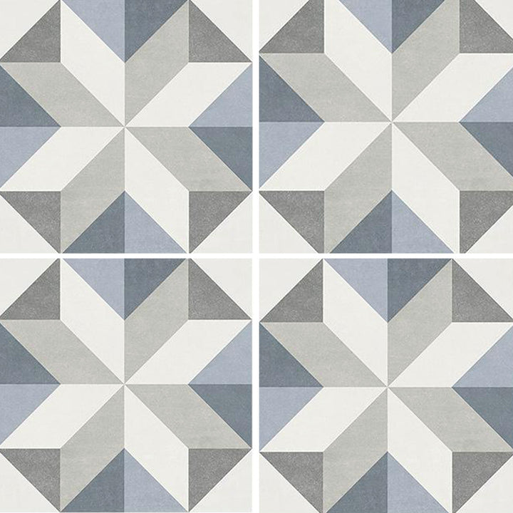 6x6 Aquatica Flore Series porcelain pool tile with geometric star pattern in soft blue, white, and gray tones for modern pools and spas