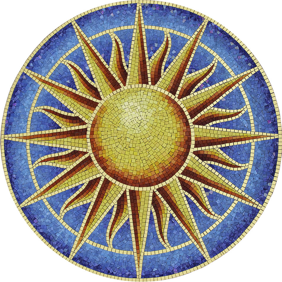 Mosaic sun design on a blue background