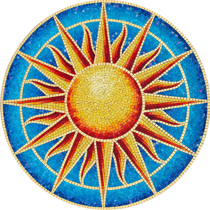 Mosaic sun design on a blue background