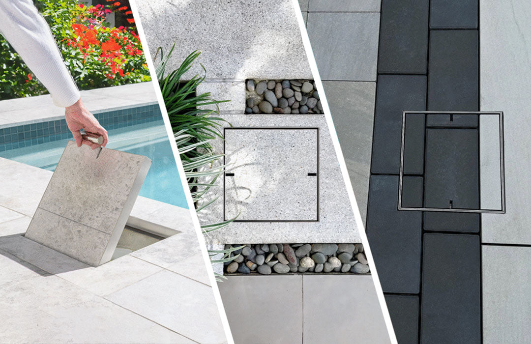 Collage of a person holding a HIDE access concrete tray, a garden with plants, and a tiled floor.