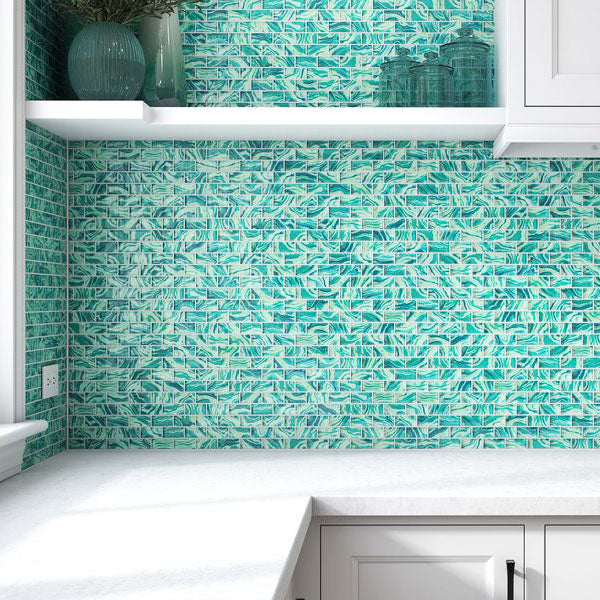 High Tide Turquoise 1x2 Glass Tile Installed on Kitchen Backsplash