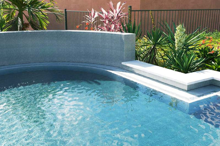 High Tide Gray 1" x 1" Glass Tile Around Pool and Raised Wall