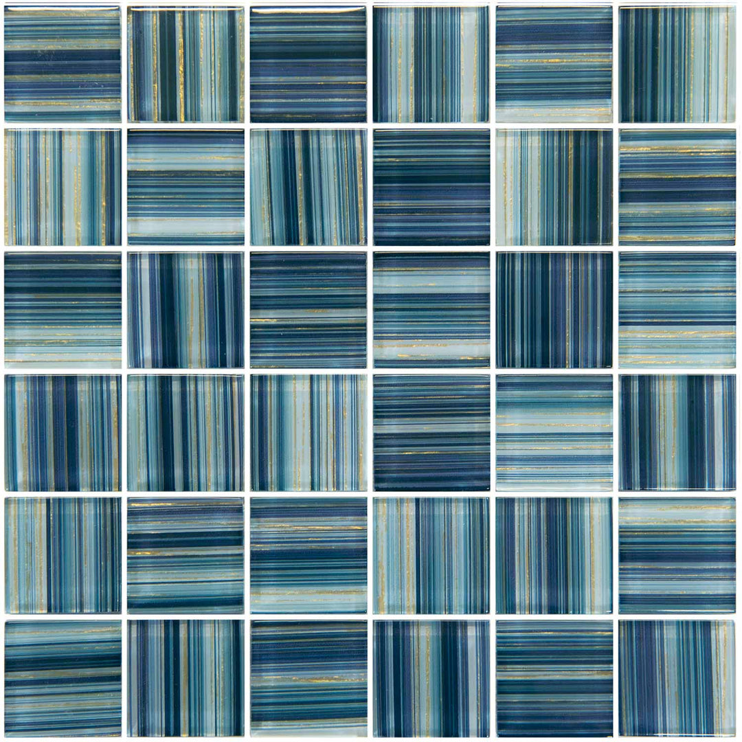 Blue and teal striped mosaic glass tile sheet with a grid pattern of square tiles.